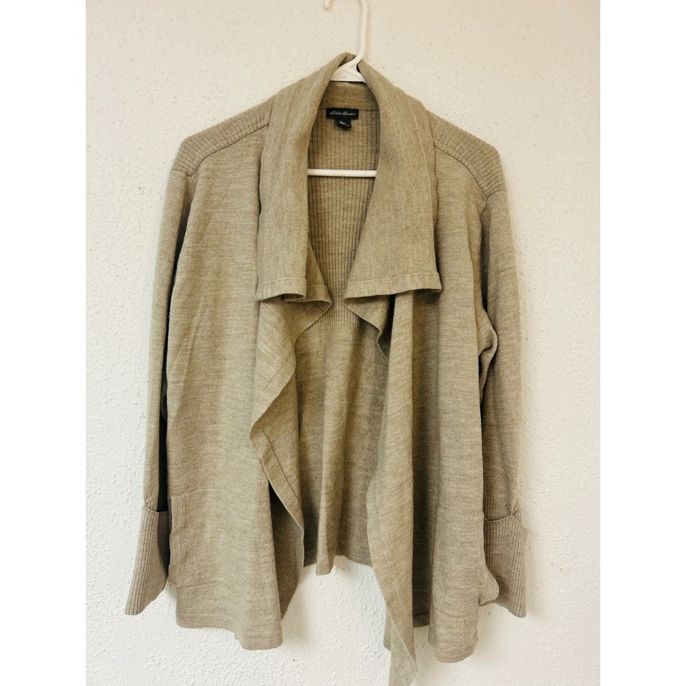 Eddie Bauer Women 2XL Tan Oatmeal Draped Waterfall Open Front Cardigan Sweater